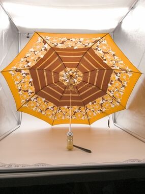 Vintage 1970s Mod Folding Umbrella, Orange Brown Floral Daisy Print Retro Handle